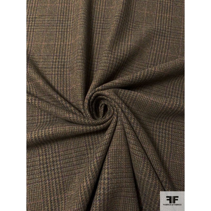 Italian Glen Plaid Brushed Wool Jacket Weight – Autumn Green / Tan / Purples Fabric by the Yard