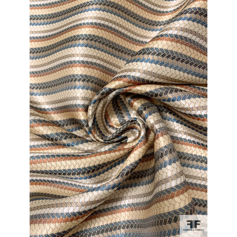 Leaf Vine Striped Silk Necktie Jacquard Brocade – Dusty Teal / Tan / Beige / White Fabric by the Yard