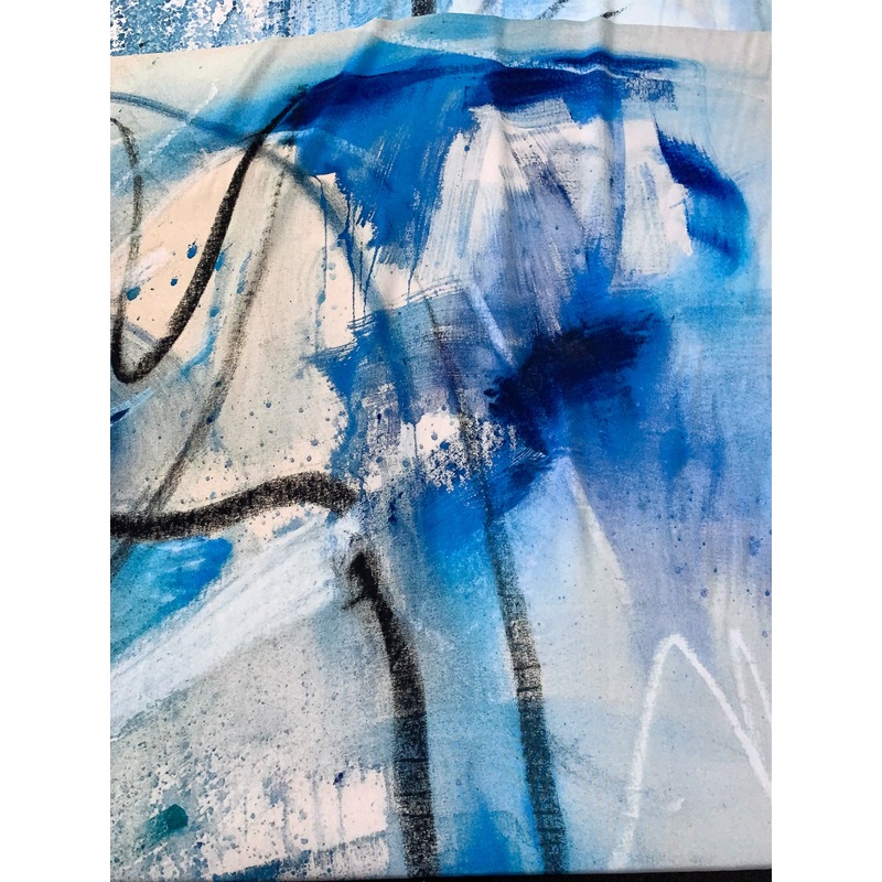Painterly Abstract Printed Silk Crepe Panel – Blue / Grey / Black / White / Nude Fabric by the Panel