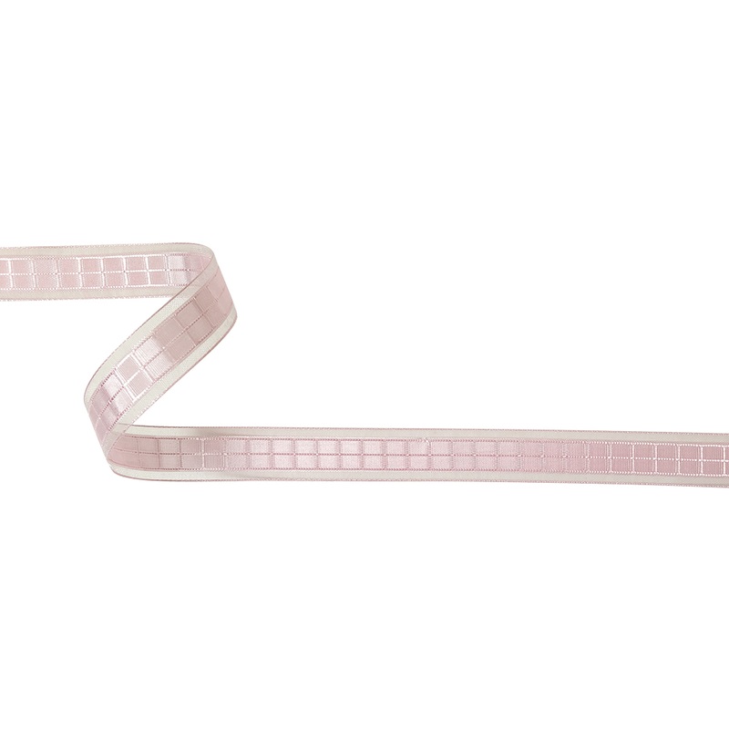 Pale Pink Windowpane Checks and Sheer Borders Woven Ribbon – 0.625″