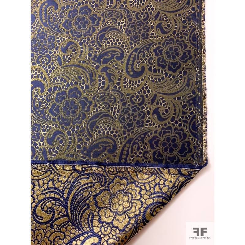 Reversible Paisley Floral Metallic Brocade – Navy / Gold Fabric by the Yard