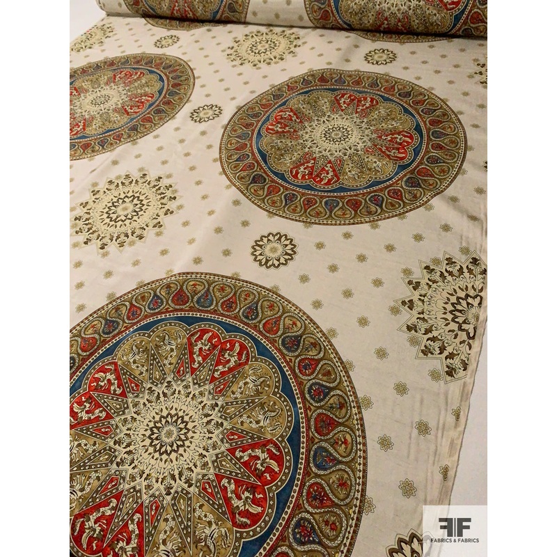 Vintage Large Ornate Circle Medallion Printed Silk Shantung – Antique Earth Tones / Deep Red / Navy Fabric by the Yard