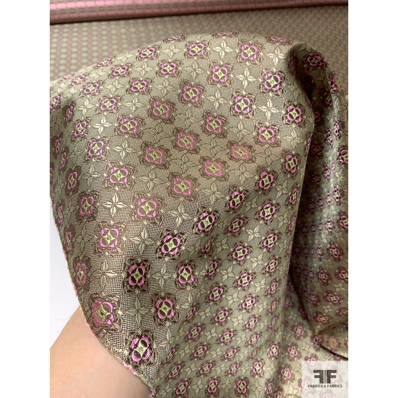 Floral Grid Silk Necktie Jacquard Brocade – Smokey Taupe / Brown / Orchid Pink Fabric by the Yard