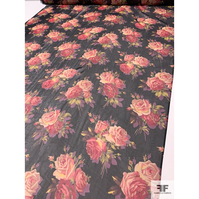 Floral Realism Printed Silk Chiffon – Raspberry / Dusty Purple / Greens / Black Fabric by the Yard