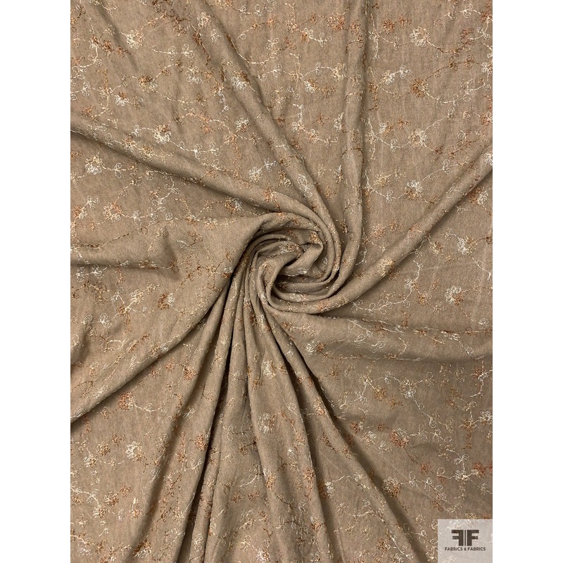 Floral Vines Embroidered Polyester-Rayon Crepe – Dark Tan / Beige / Light Caramel Fabric by the Yard