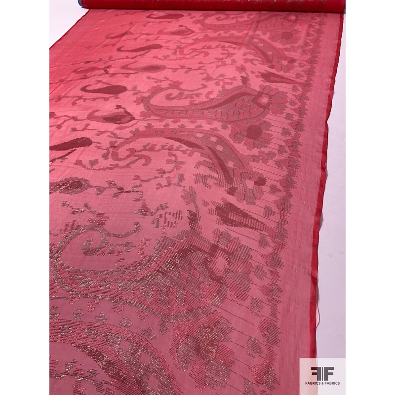 French Fine Silk Chiffon with Paisley Border Lurex Design – Strawberry / Green / Red Fabric by the Yard