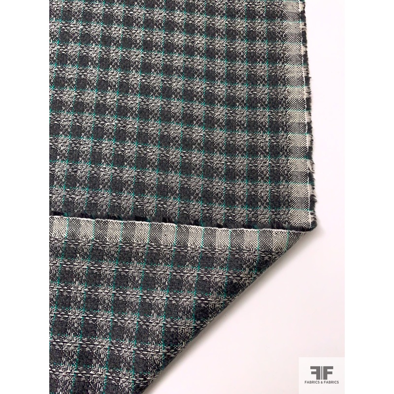 Gingham Wool Tweed Suiting – Dark Grey / Jade Green / Off-White Fabric by the Yard