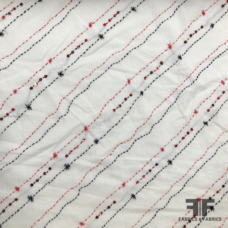 Hand Stitched Striped Embroidered Cotton – White/Black/Red Fabric by the Yard
