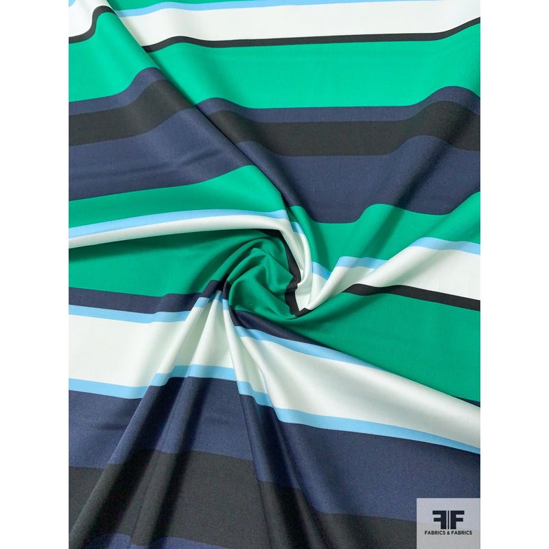 Horizontal Multi-Striped Printed Stretch Cotton Sateen – Emerald Green / Navy / White / Sky Blue Fabric by the Yard