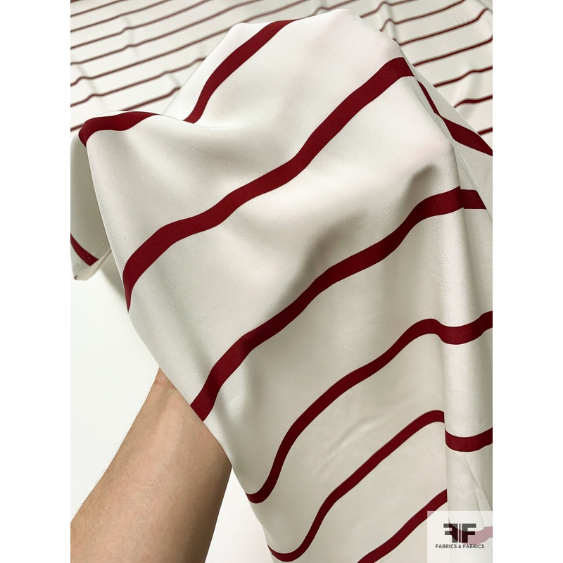 Horizontal Striped Matte-Side Printed Silk Charmeuse – Burgundy / Off-White Fabric by the Yard