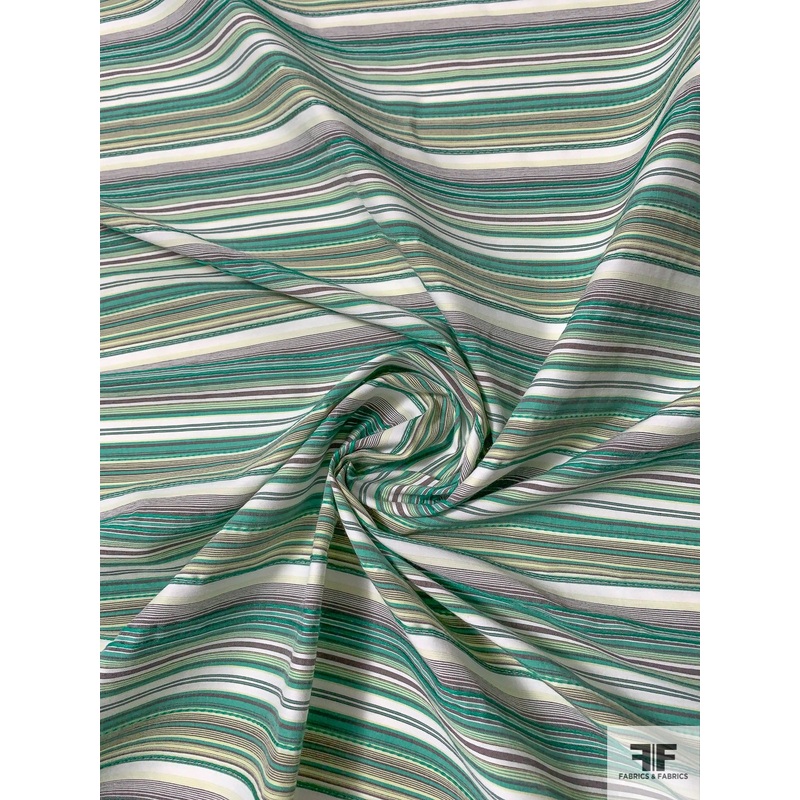 Horizontal Thin Texture Striped Yarn-Dyed Cotton with Vertical Stretch – Turquoise Green / White / Pastel Lime / Grey Fabric by the Yard