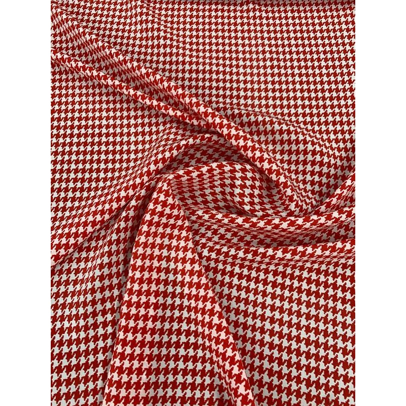 Houndstooth Printed Silk Crepe de Chine – Red / White Fabric by the Yard