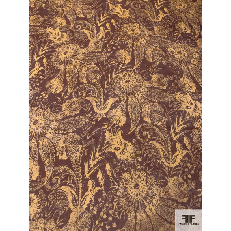 Intricate Floral Printed Silk Organza – Maroon / Ochre Fabric by the Yard