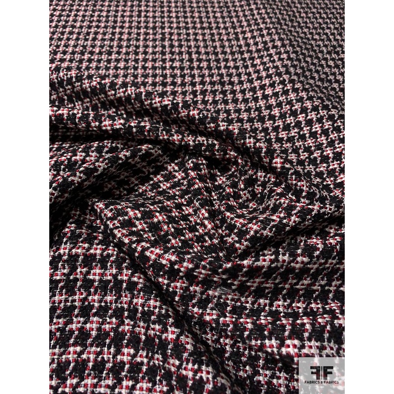 Italian Houndstooth Pattern Stiff Tweed – Black / Red / Off-White Fabric by the Yard