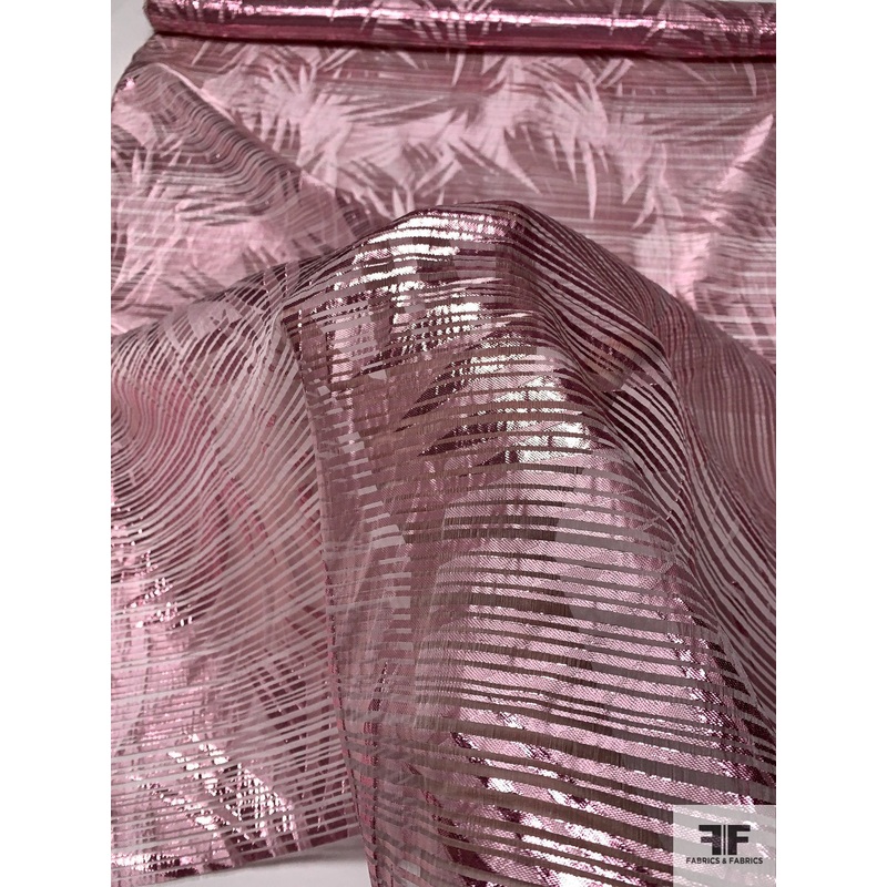 Italian Leaf Pattern Silk and Lurex Novelty Lam Organza – Metallic Pink Fabric by the Yard