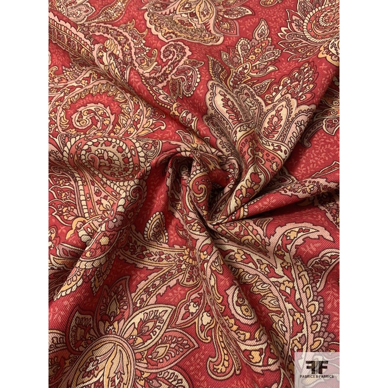 Ornate Paisley Printed Cotton-Linen – Cranberry / Tans / Yellow Fabric by the Yard