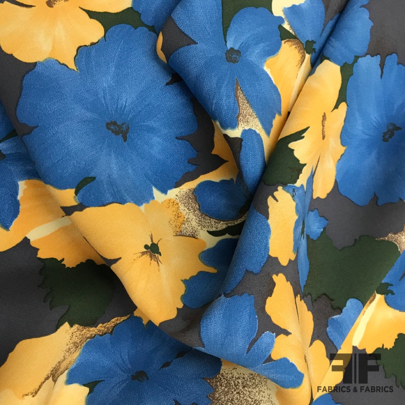 Painterly Floral Printed Silk Crepe – Blue / Marigold / Black Fabric by the Yard