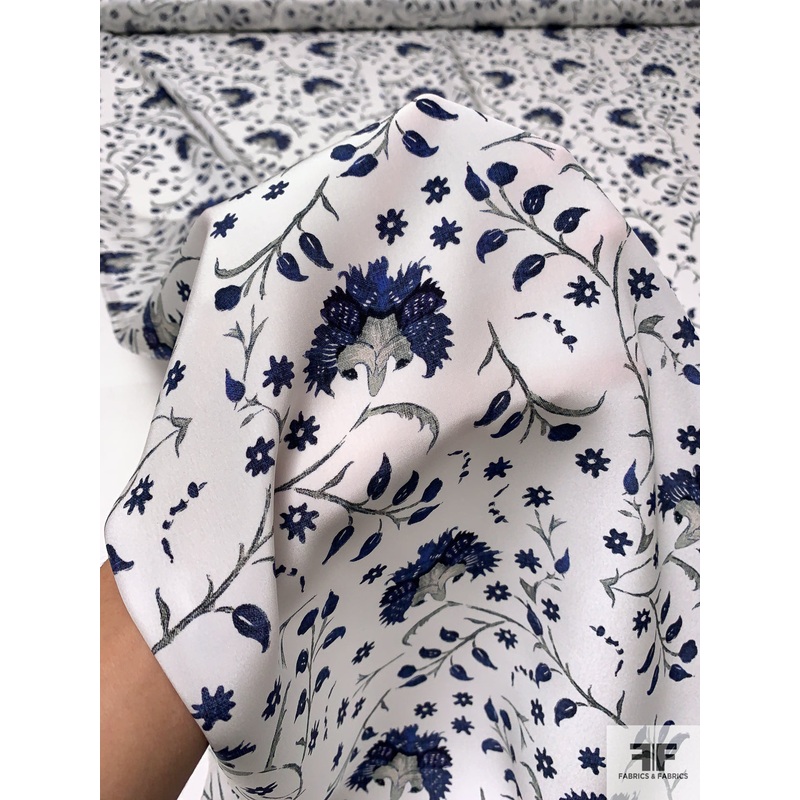 Regal Bouquets and Leaf Stems Matte-Side Printed Silk Charmeuse – Navy / Grey / Off-White Fabric by the Yard