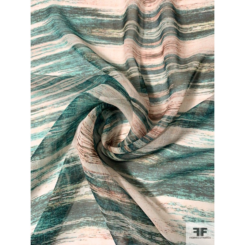 Rustic Brushstrokes Printed Silk Chiffon – Teal / Red / Beige Fabric by the Yard