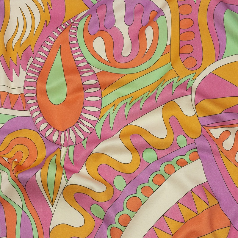 Stretch Cotton Sateen – Purple, Pink and Orange Paisley and Abstract – Surf City Psychedelia Print – Mood Exclusive Groove Collection