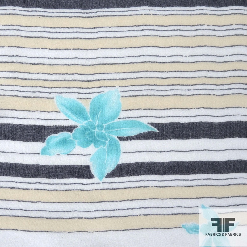 Striped & Floral Printed Silk Chiffon – Multicolor Fabric by the Yard