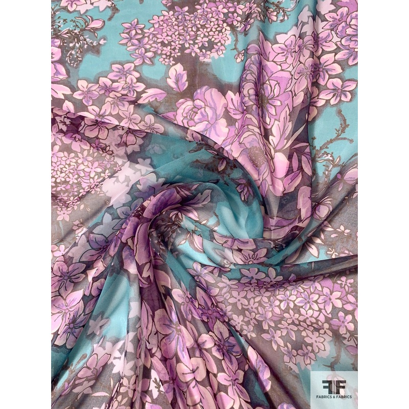 Trailing Floral Printed Silk Chiffon – Turquoise / Plum / Orchid Fabric by the Yard
