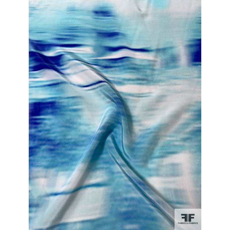 Abstract Hazy Printed Silk Crepe de Chine Panel – Aqua Blue / Blue / White Fabric by the Panel