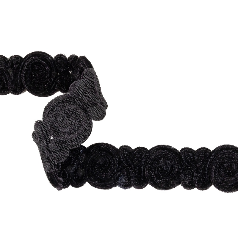 Black Plush Roses Chenille Trim on Mesh Backing – 1.625″