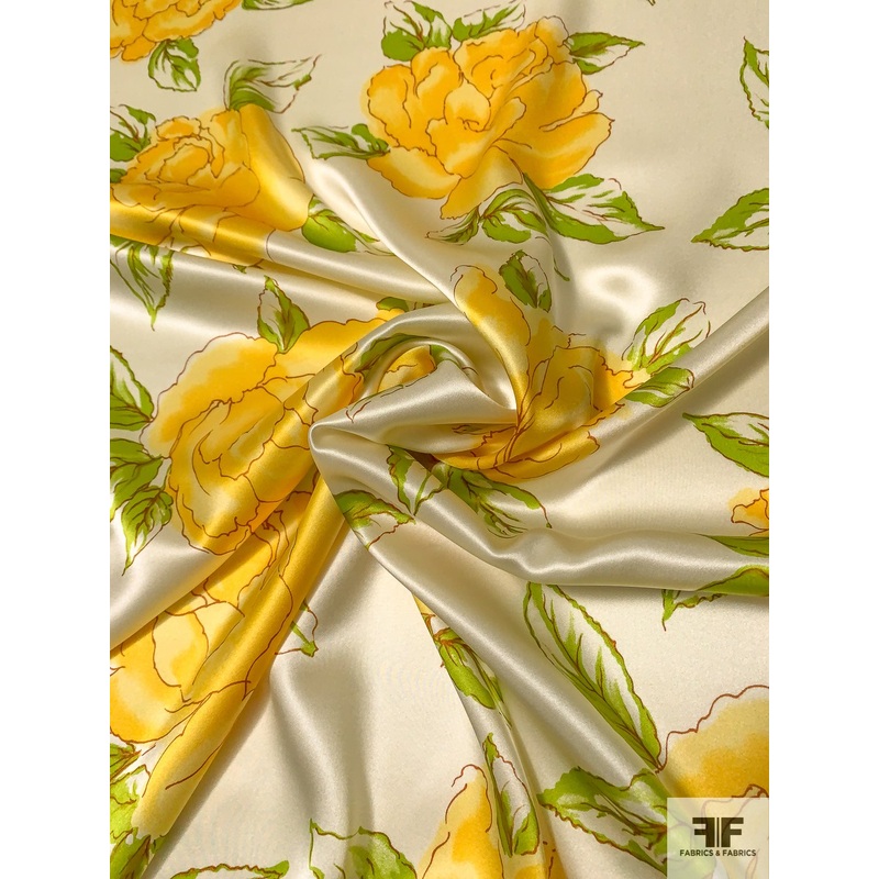 Classic Floral Printed Silk Charmeuse – Yellow / Lime Green / White Fabric by the Yard
