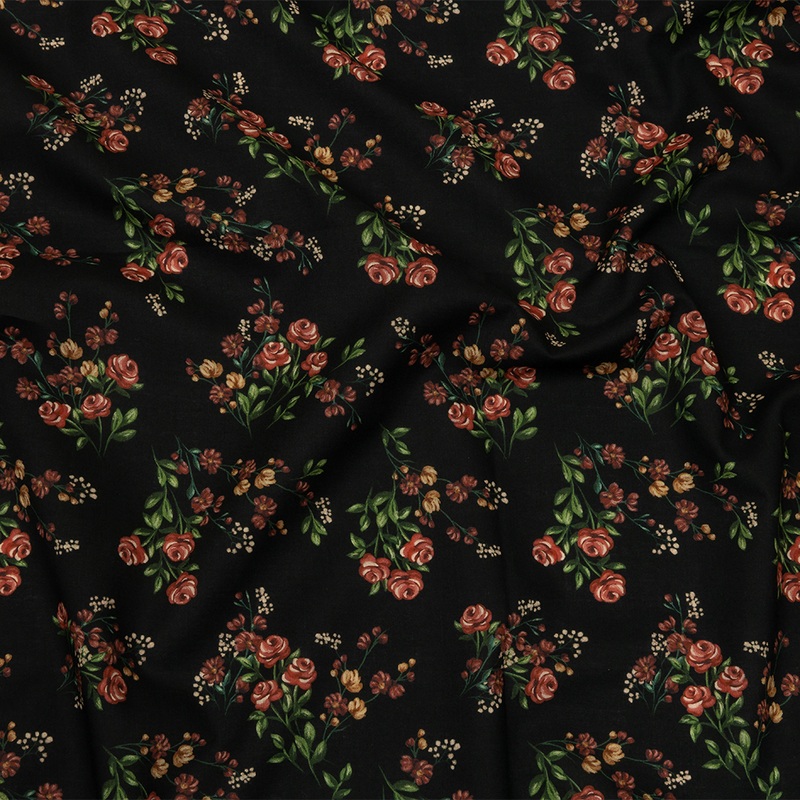 Cotton Voile – Black and Pink Floral – Mason Jar Bouquet Print – Mood Exclusive Rockland Collection