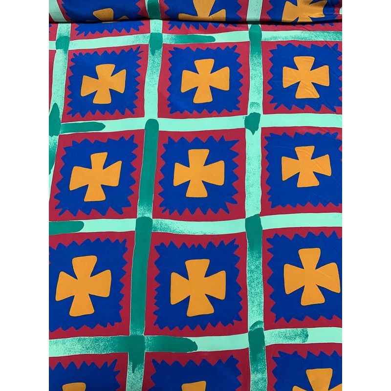 Ethnic Ecclesiastical Printed Silk Crepe de Chine – Dark Mustard / Blue / Red / Green Fabric by the Yard