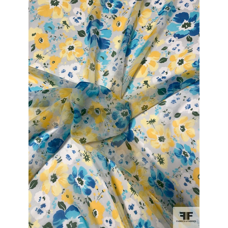 Floral Printed Silk Chiffon – Blue / Aqua / Yellows / Grey / White Fabric by the Yard