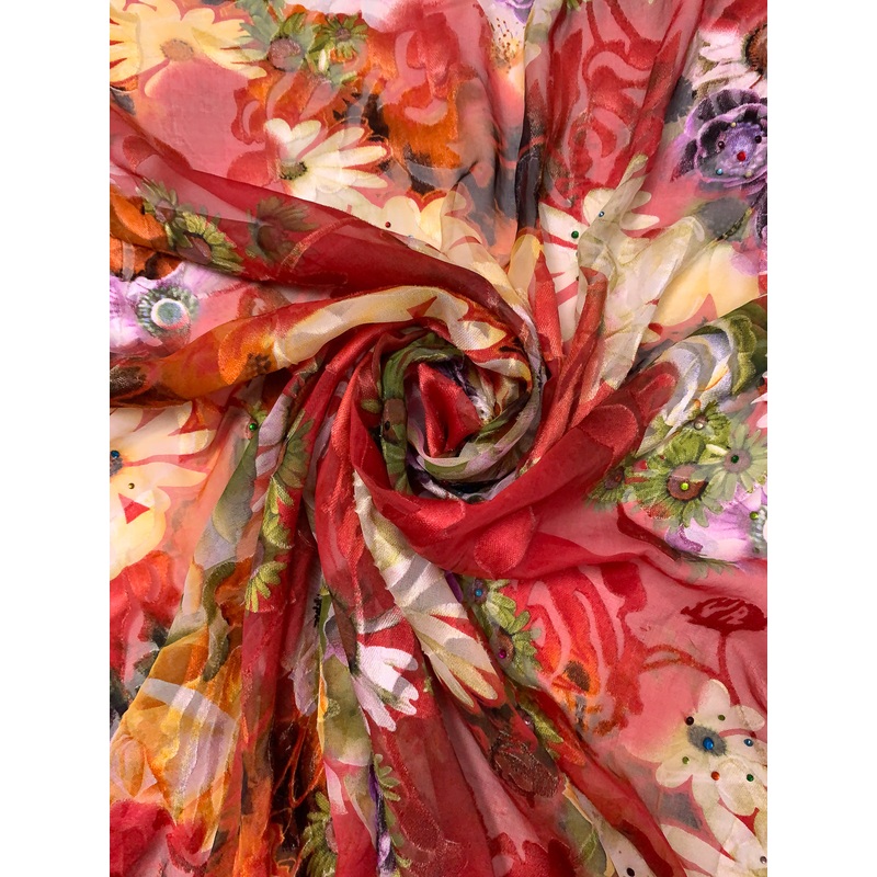 Floral Printed Silk-Rayon Burnout Chiffon with Stones – Red / Yellow / Pear Green / Violet Fabric by the Yard