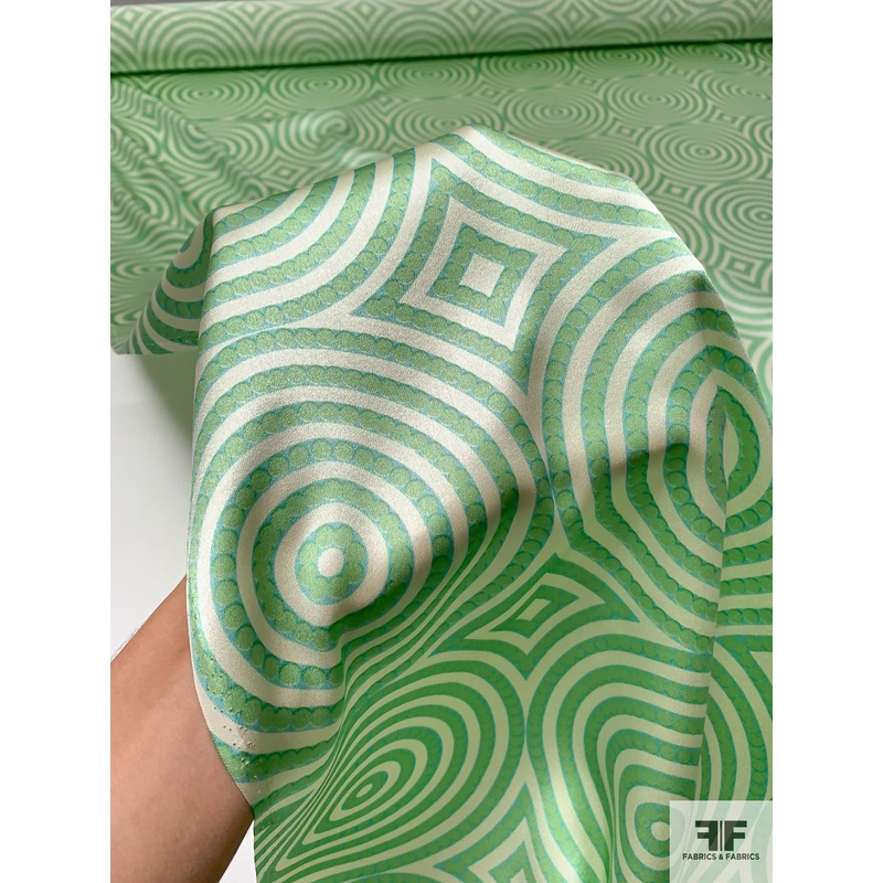 Hypnotic Circles Printed Silk Charmeuse – Pistachio Green / Seafoam Fabric by the Yard