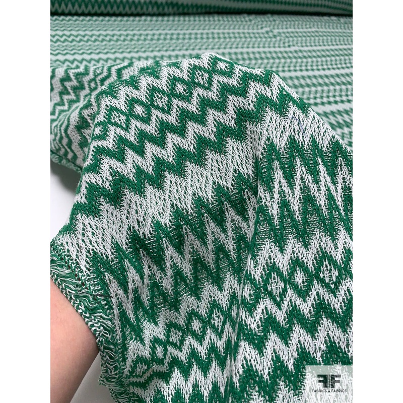 Italian Chevron Crochet Knit – Green / Off-White Fabric by the Yard