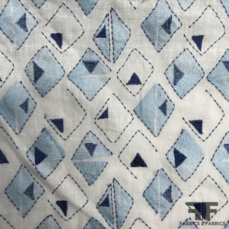 Italian Geometric Embroidered Linen – White/Blue Fabric by the Yard