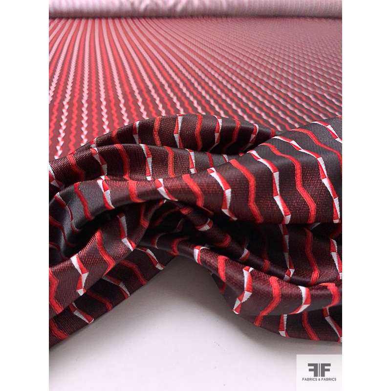 Jagged Lines Jacquard Brocade Suiting – Red / Black / Grey Fabric by the Yard