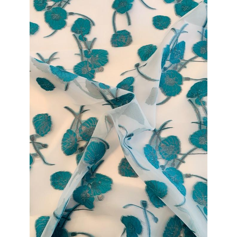 Metallic Floral Fil Coup Polyester Organza – Turquoise / White Fabric by the Yard