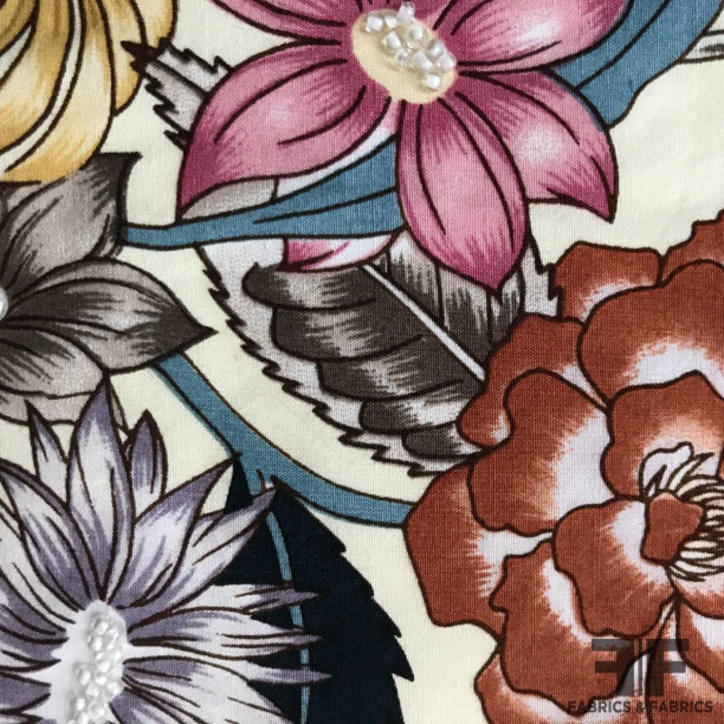 Novelty Floral Cotton Lawn with Sewn on Beads – Multicolor Fabric by the Yard