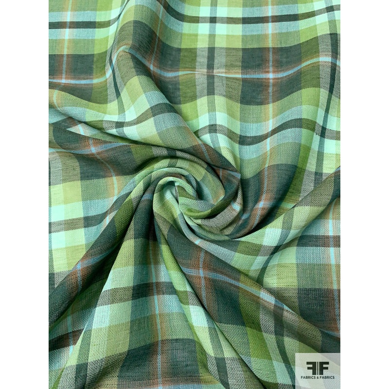 Plaid Lightweight Linen Blend Voile – Evergreen / Lime / Turquoise Fabric by the Yard