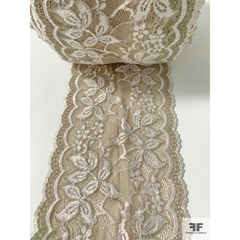 Vintage-Look Floral Stretch Leavers Lace Trim – Khaki Stone / Ivory Fabric by the Yard