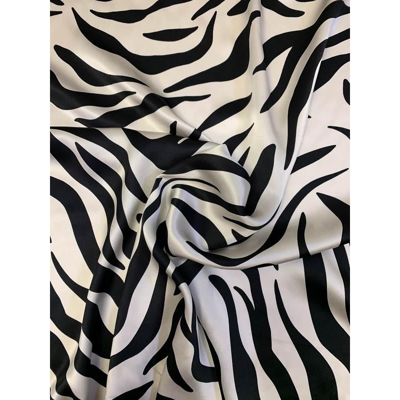 Zebra Pattern Printed Silk Charmeuse – Black / Pale Cream Fabric by the Yard