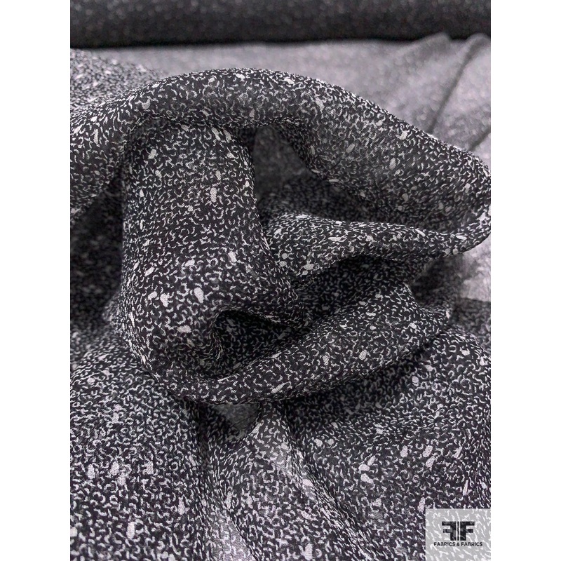 Abstract Micro-Graphic Printed Crinkled Silk Chiffon – Black / Off-White Fabric by the Yard