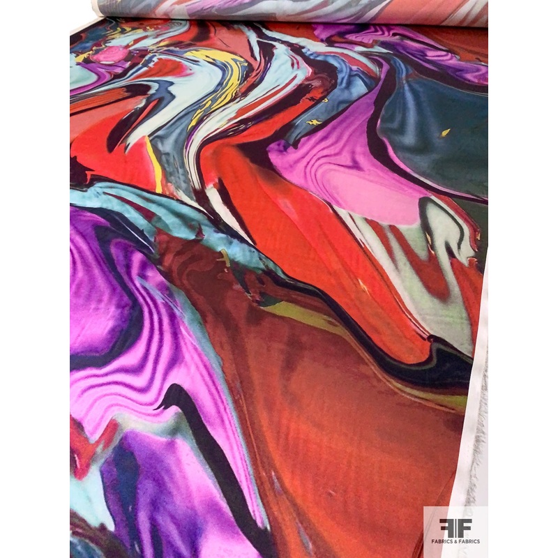 Abstract Painterly Marble Printed Stretch Silk Charmeuse – Multicolor Fabric by the Yard
