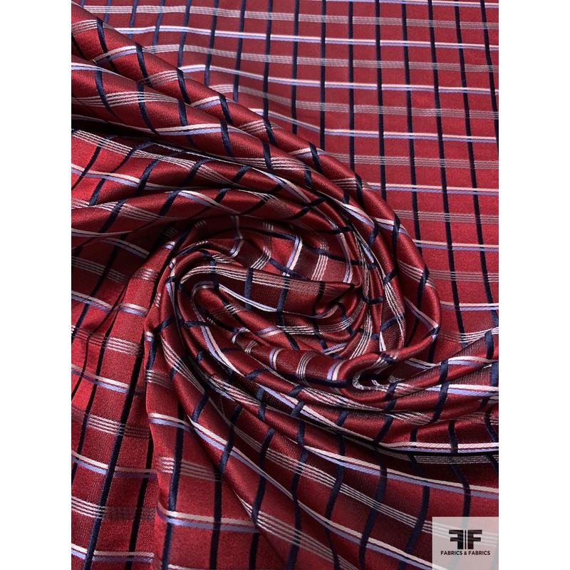 Basketweave Plaid Silk Necktie Jacquard Brocade – Red / Nav / Sky Blue / White Fabric by the Yard