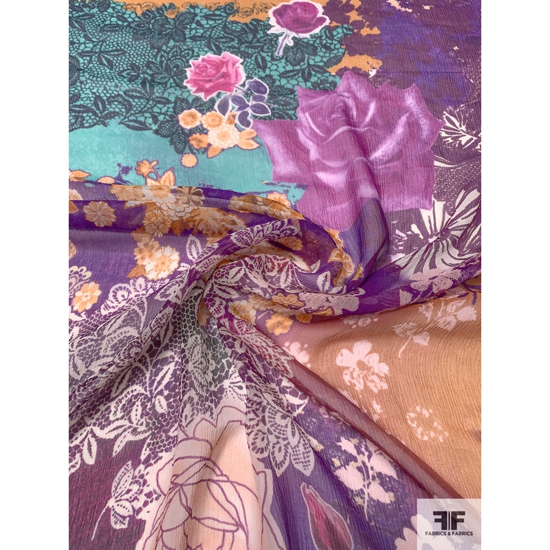 Floral Collage Printed Crinkled Silk Chiffon – Purple / Turquoise / Fuchsia / Orange Fabric by the Yard