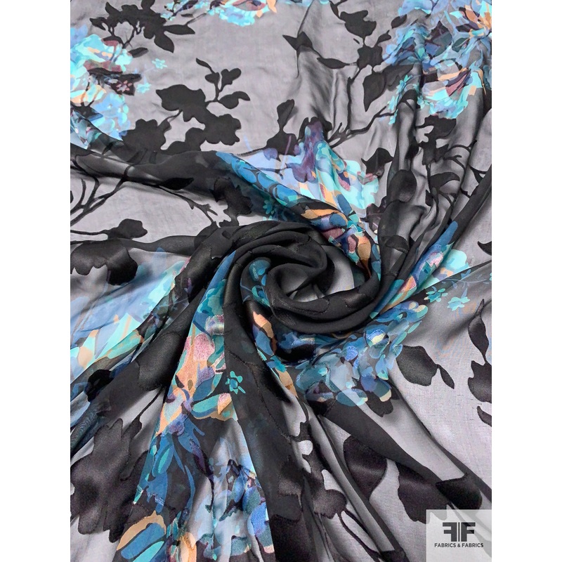 Floral Printed Burnout Silk Blend Chiffon – Shades of Turquoise / Black Fabric by the Yard
