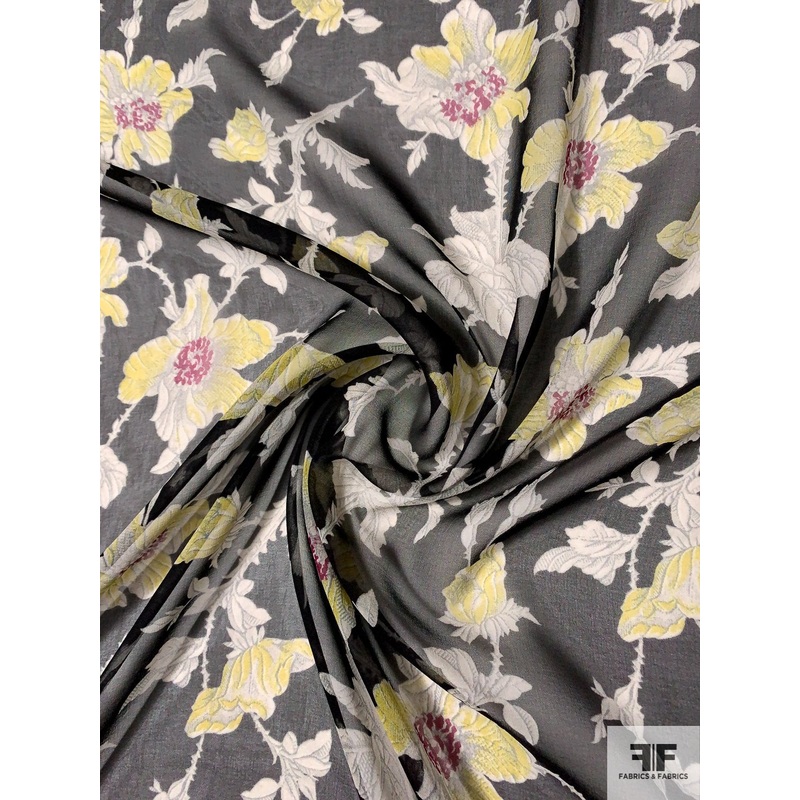 Floral Vines Printed Silk Chiffon – Black / Off-White / Yellow / Berry Purple Fabric by the Yard