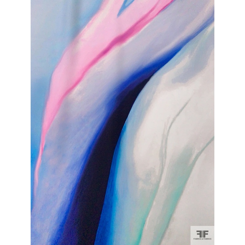 Fluid Abstract Watercolor Printed Heavy Silk Georgette – Blues / Hot Pink / Off-White Fabric by the Yard