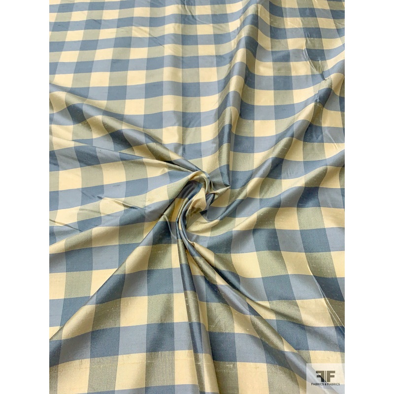 Gingham Yarn-Dyed Silk Shantung – Dusty Turquoise / Lightest Gold Fabric by the Yard